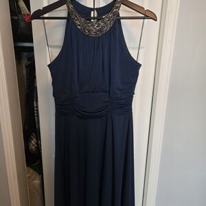London Times Navy Blue Maxi Dress with Gold Accents